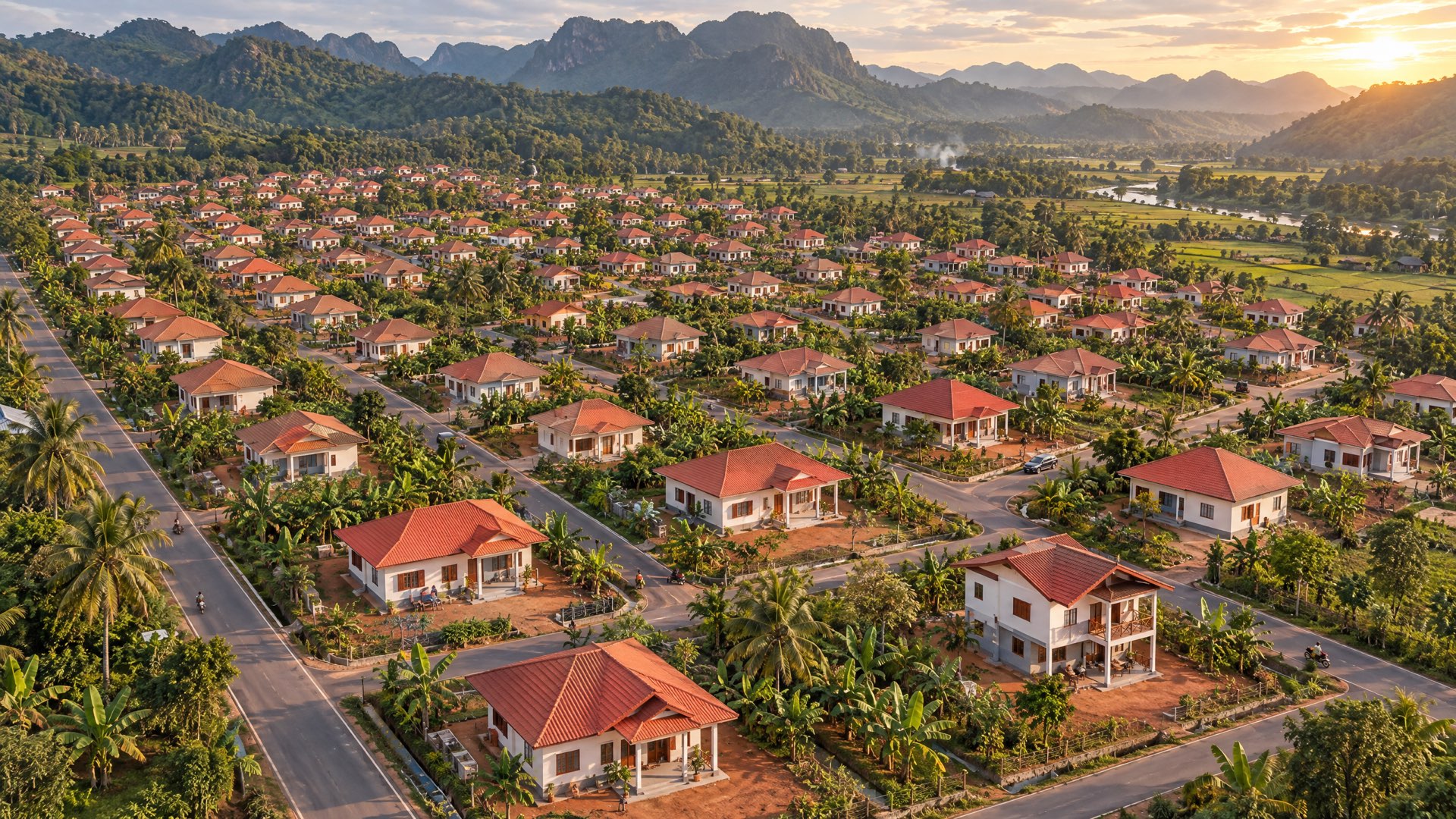 Aerial view of a planned resettlement village with red-roofed houses, roads and gardens below the mountains