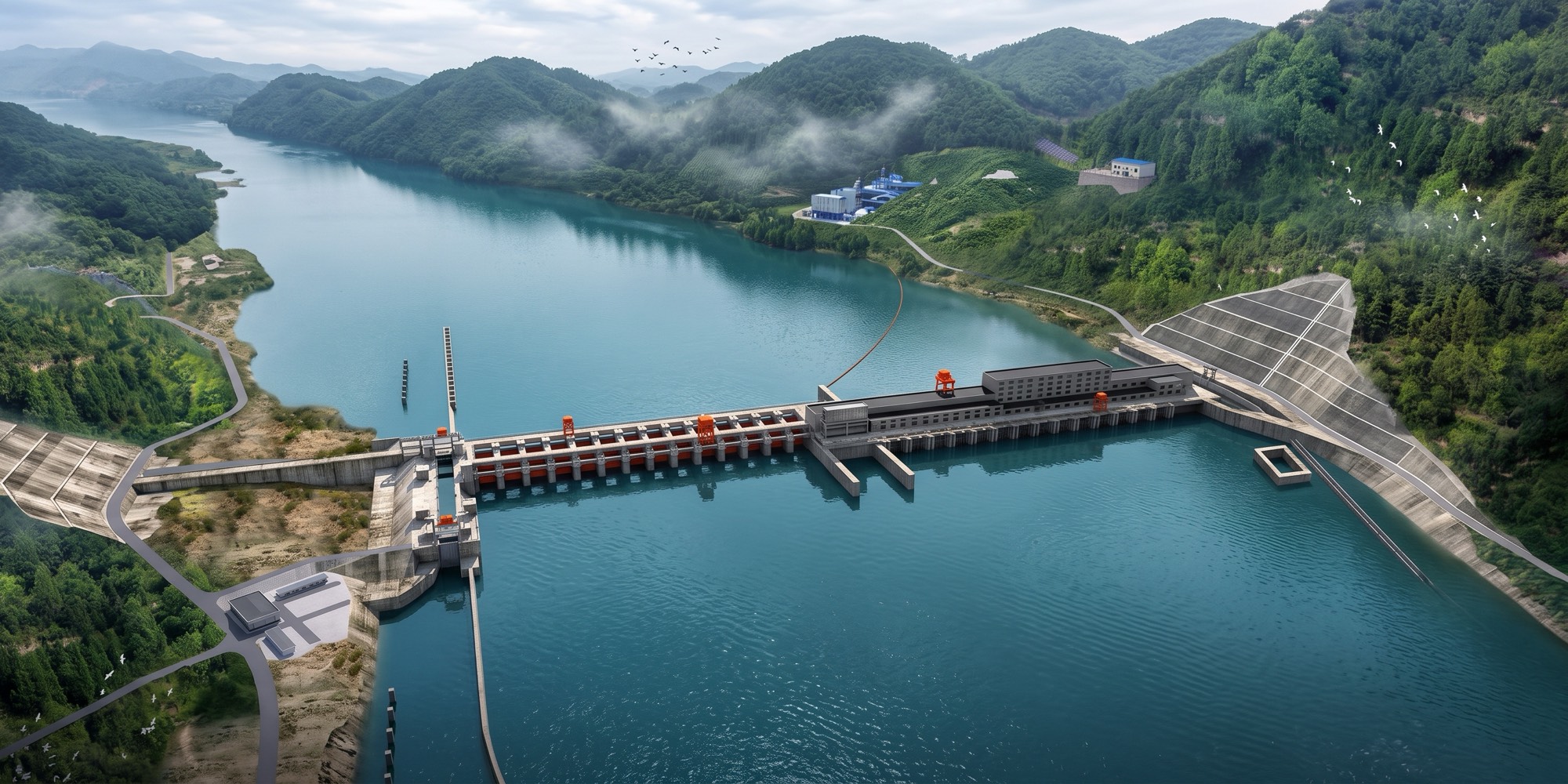 Aerial view of a run-of-river hydropower dam and its reservoir between forested hills